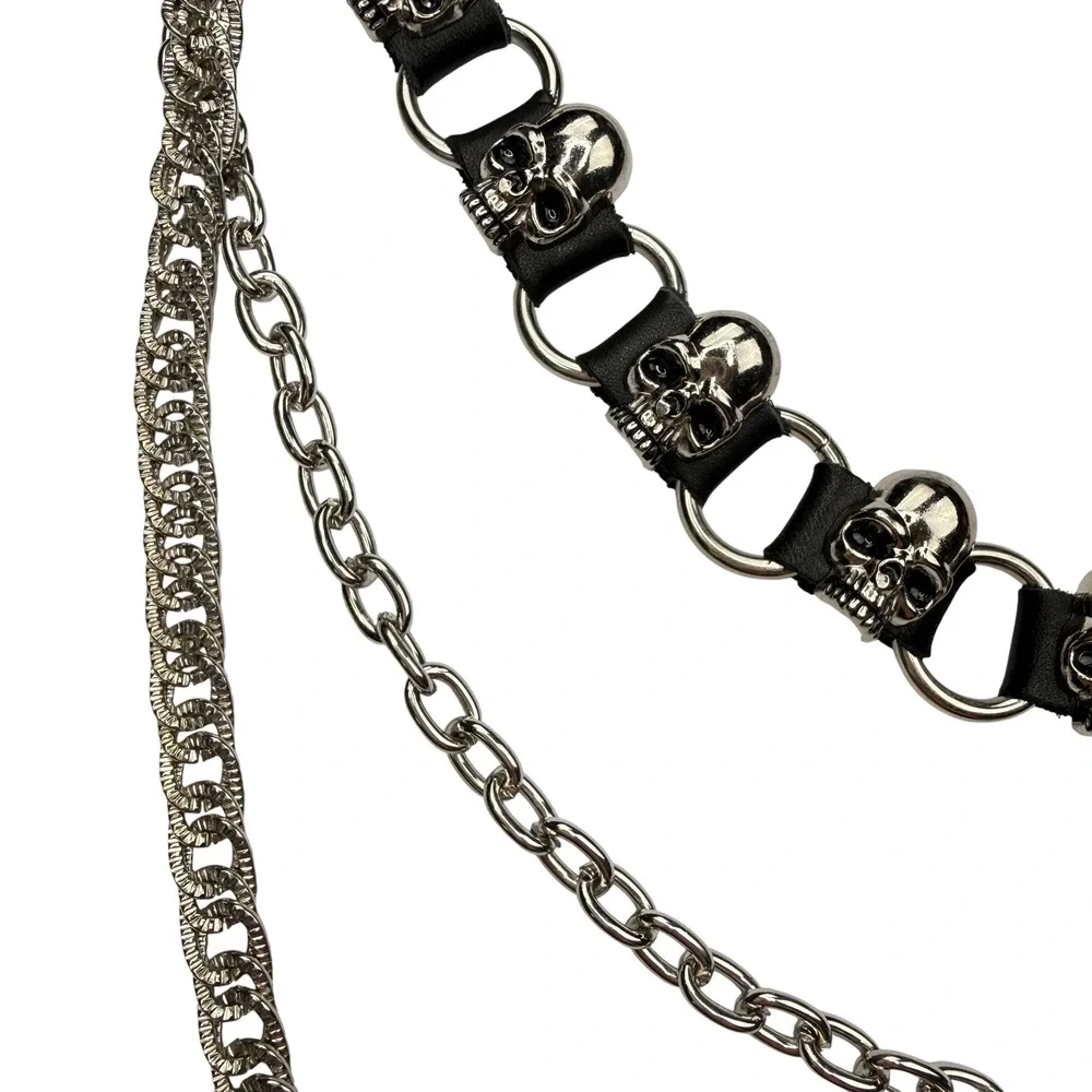 Skull Pant Chain Women OS Silver Triple Layered Gothic Punk Emo Biker Necklace